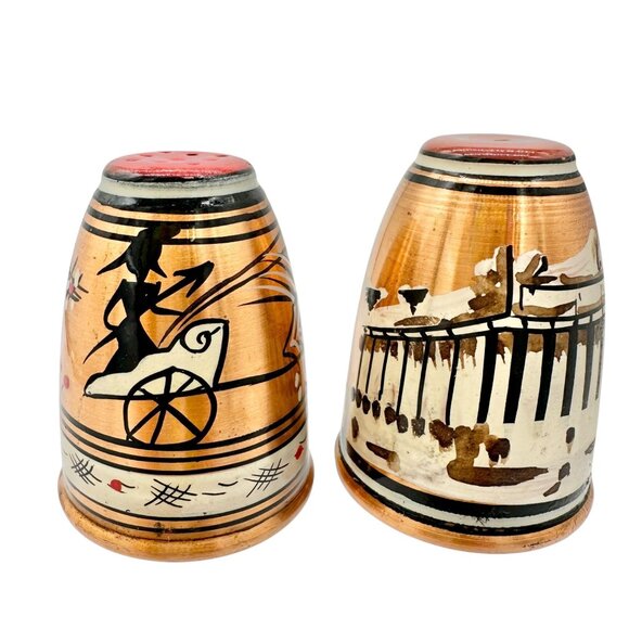 Vintage Greek Copper Salt and Pepper Shakers Painted Black & Red Design 2" Tall - Picture 1 of 7